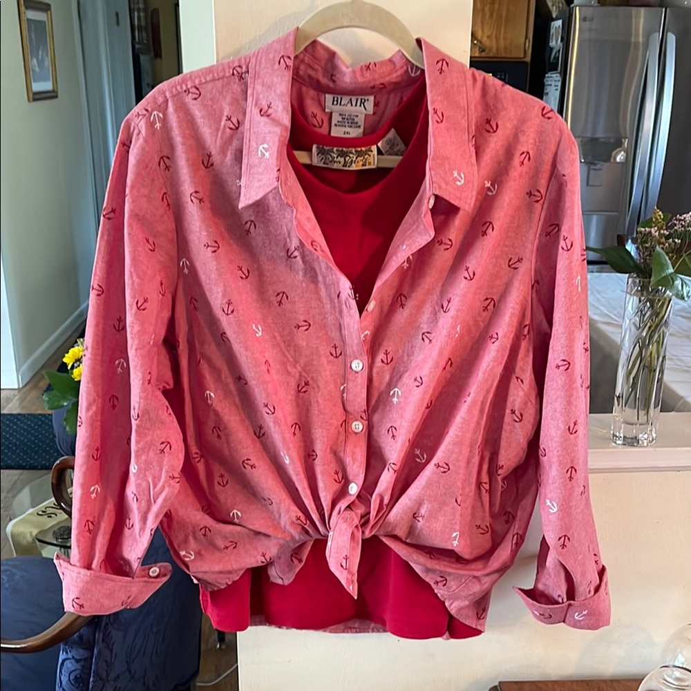 2 shirts-pink anchor print Women's top, by ‘Blair’& red matching tee 100% cotton
